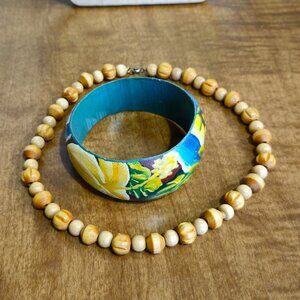 Wooden Beaded Necklace & Hand Painted Bangle Bracelet